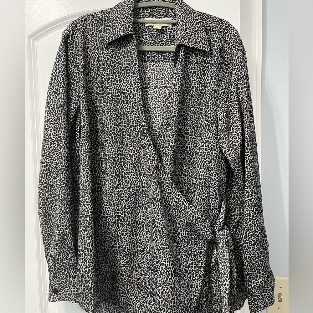 Michael Kors black and gray animal print wrap blouse.
